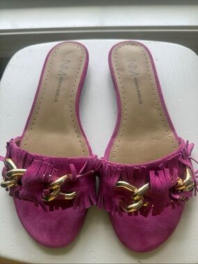 Neiman Marcus Pink Suede Fringe Slide Sandals with Gold Chain Accent